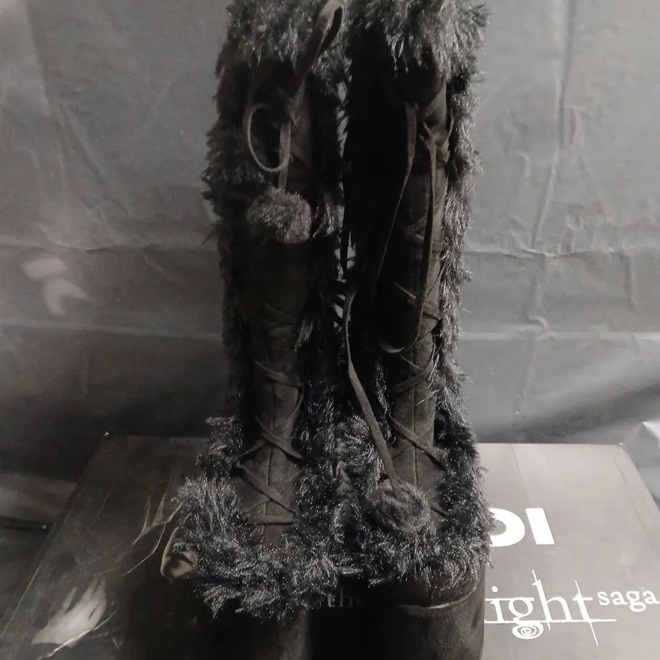 BOXED PAIR OF KOI LA PUSH CRESCENT PLATFORM FAUX FUR LONG BOOTS – BLACK (UK 3)