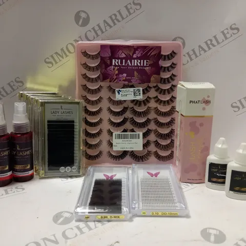 BOX OF APPROX 20 ASSORTED FALSE EYELASH PRODUCTS TO INCLUDE STRIP LASHES, INDIVIDUAL LASHES, PHATLASH CLEANSER, ETC