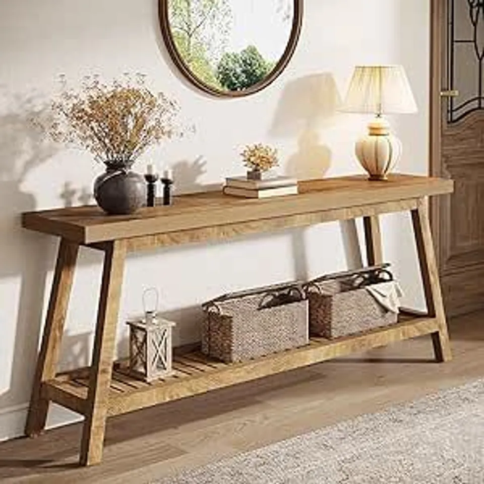 TRIBESIGNS CONSOLE TABLE FOR HALLWAY SLIM, 180CM EXTRA LONG ENRTYWAY TABLE WITH STORAGE FARMHOUSE 2-TIER WOODEN SOFA MEUBLE FOR LIVING ROOM, HALLWAY,ENRANCE, BEDROOM, LIGHT BROWN (1 BOX)