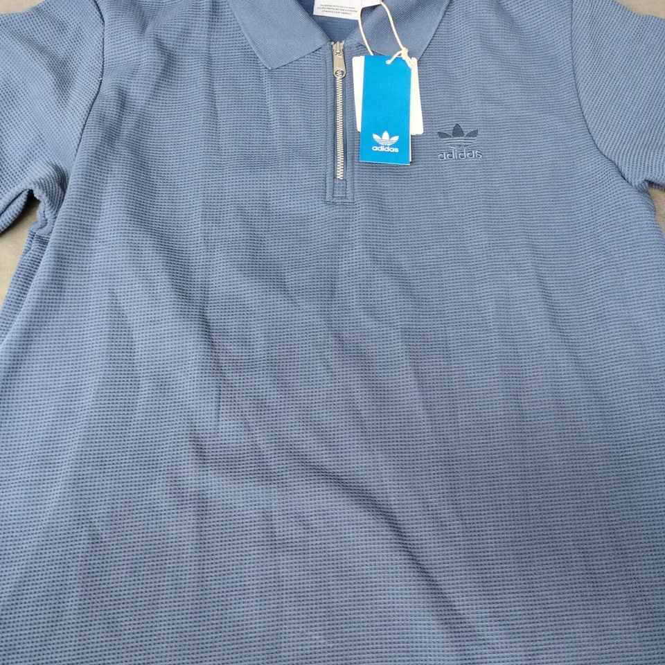 ADIDAS TREFOIL ESSENTIALS WAFFLE POLO SHIRT IN BLUE SIZE MEDIUM