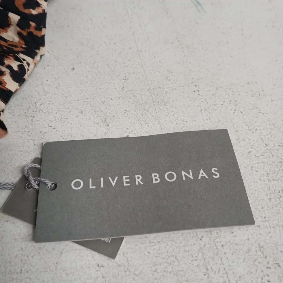 OLIVER BONAS ANIMAL PRINT SMOCK BODICE MIDI DRESS – BROWN, UK 14