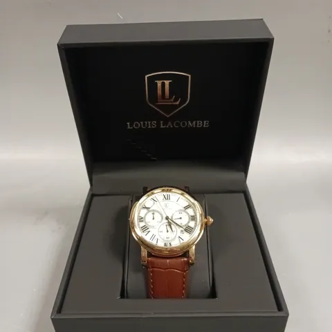 MENS LOUIS LACOMBE CHRONOGRAPH WATCH – MULTI FUNCTION DIAL WITH DATE – ROMAN NUMERAL DIAL – LEATHER STRAP