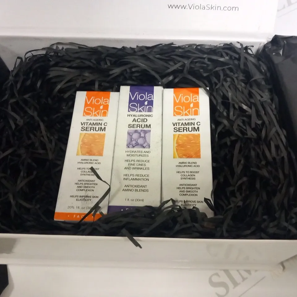 BOXED VIOLA SKINCARE GIFT SET TO INCLUDE; ANTI AGING VITAMIN C SERUM AND HYALURONIC ACID SERUM