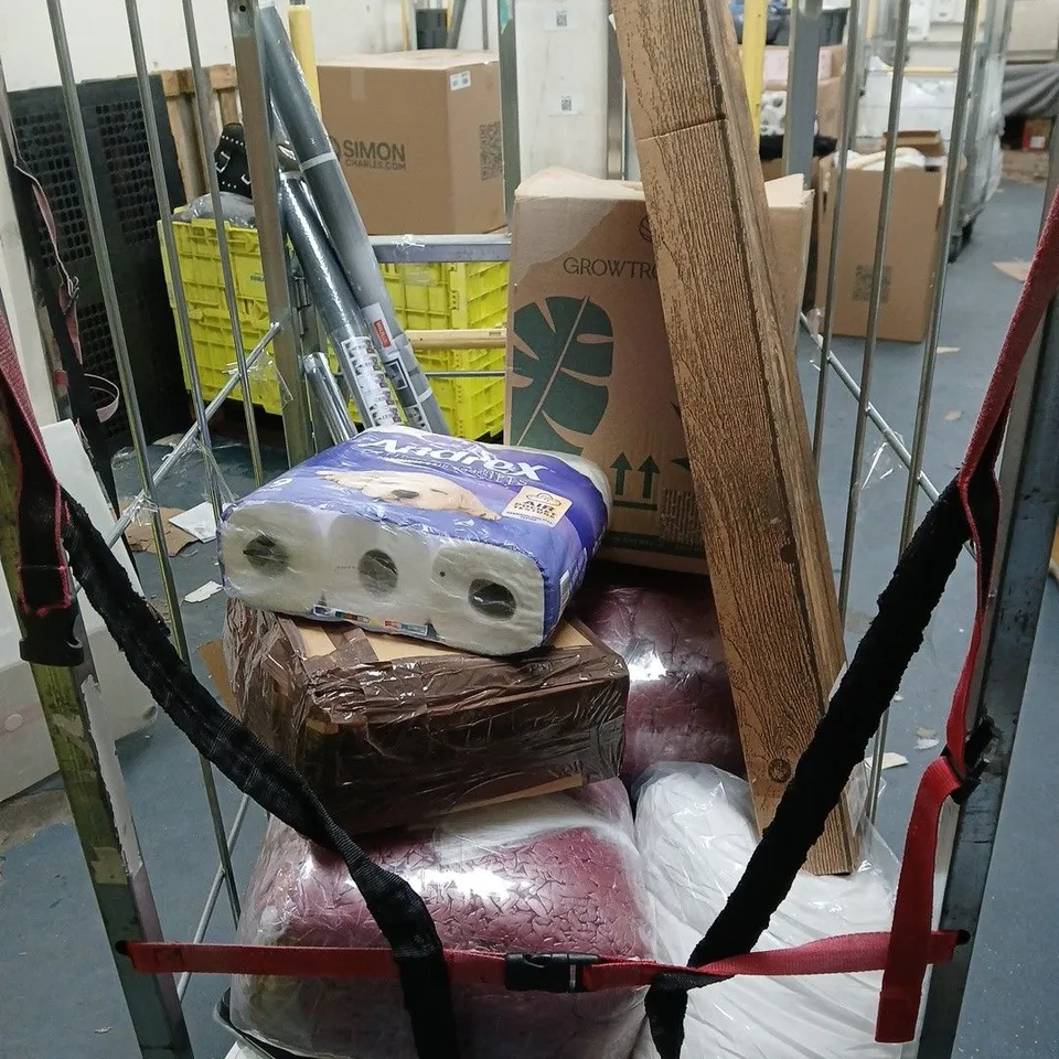 CAGE OF APPROXIMATELY 12 ASSORTED ITEMS TO INCLUDE ANDREX TOILET PAPER, 1.2M LED CHERRY BLOSSOM TREE ETC