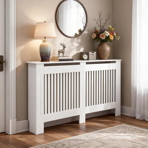 BOXED FATIVO 90CM TALL RADIATOR COVER WHITE VERTICAL SLAT THICKEN MDF