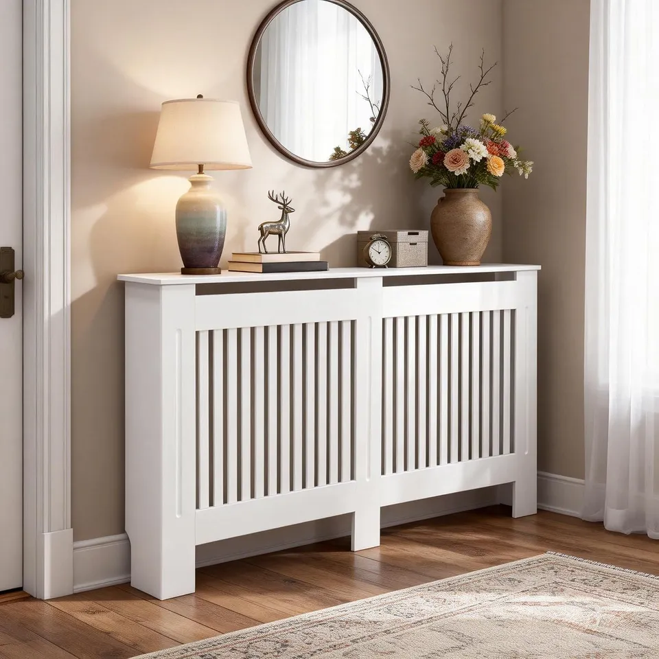 BOXED FATIVO 90CM TALL RADIATOR COVER WHITE VERTICAL SLAT THICKEN MDF