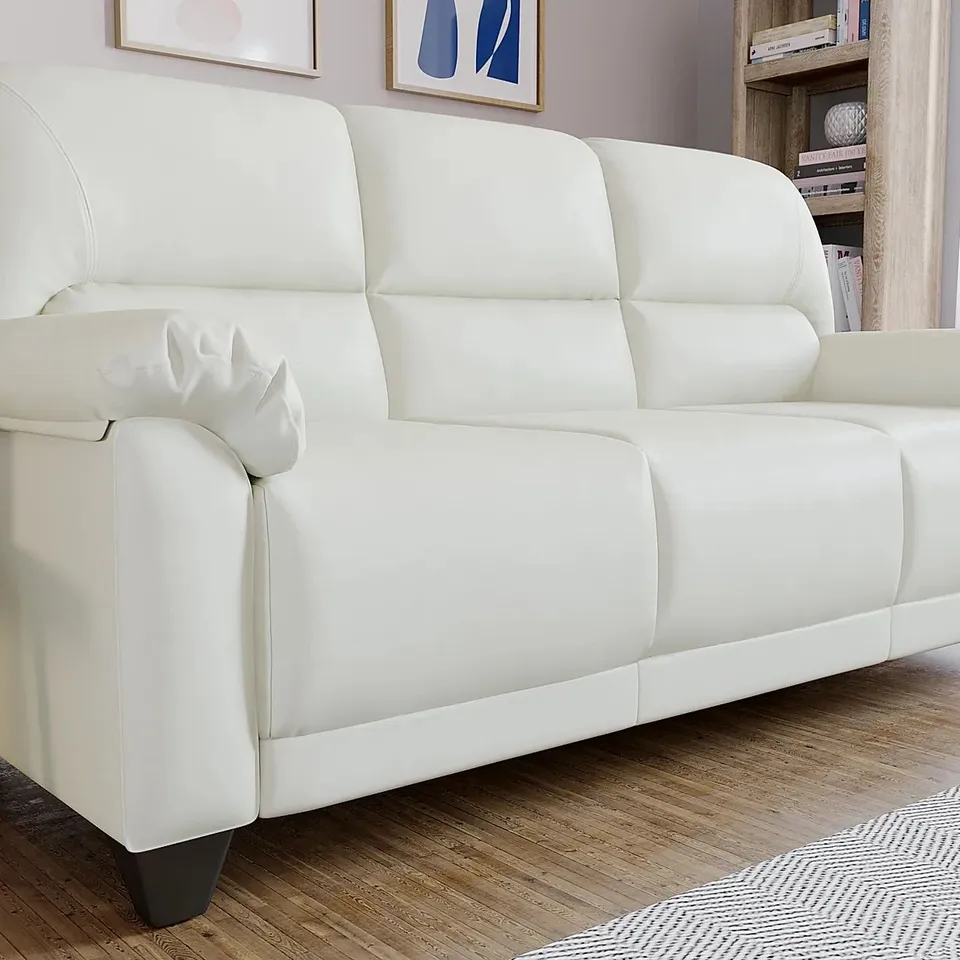 BOXED DESIGNER KENTON CREAM IVORY FAUX LEATHER THREE SEATER SOFA 