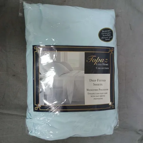 BOX OF APPROXIMATELY 12 TOPAZ HOME MICROFIBRE DEEP FITTED SHEET IN SKY BLUE - SUPER KING