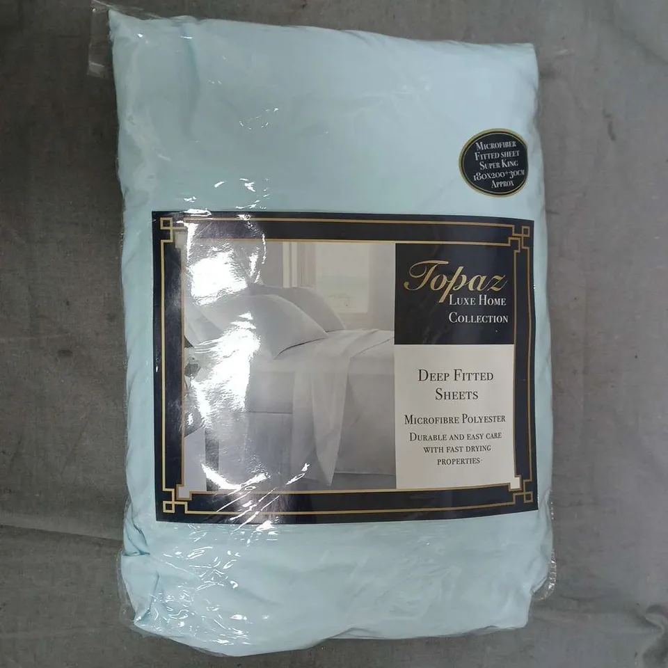 BOX OF APPROXIMATELY 12 TOPAZ HOME MICROFIBRE DEEP FITTED SHEET IN SKY BLUE - SUPER KING