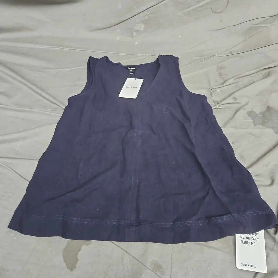 SAINT + SOFIA CORINNE LINEN V NECK TUNIC NAVY SIZE 8