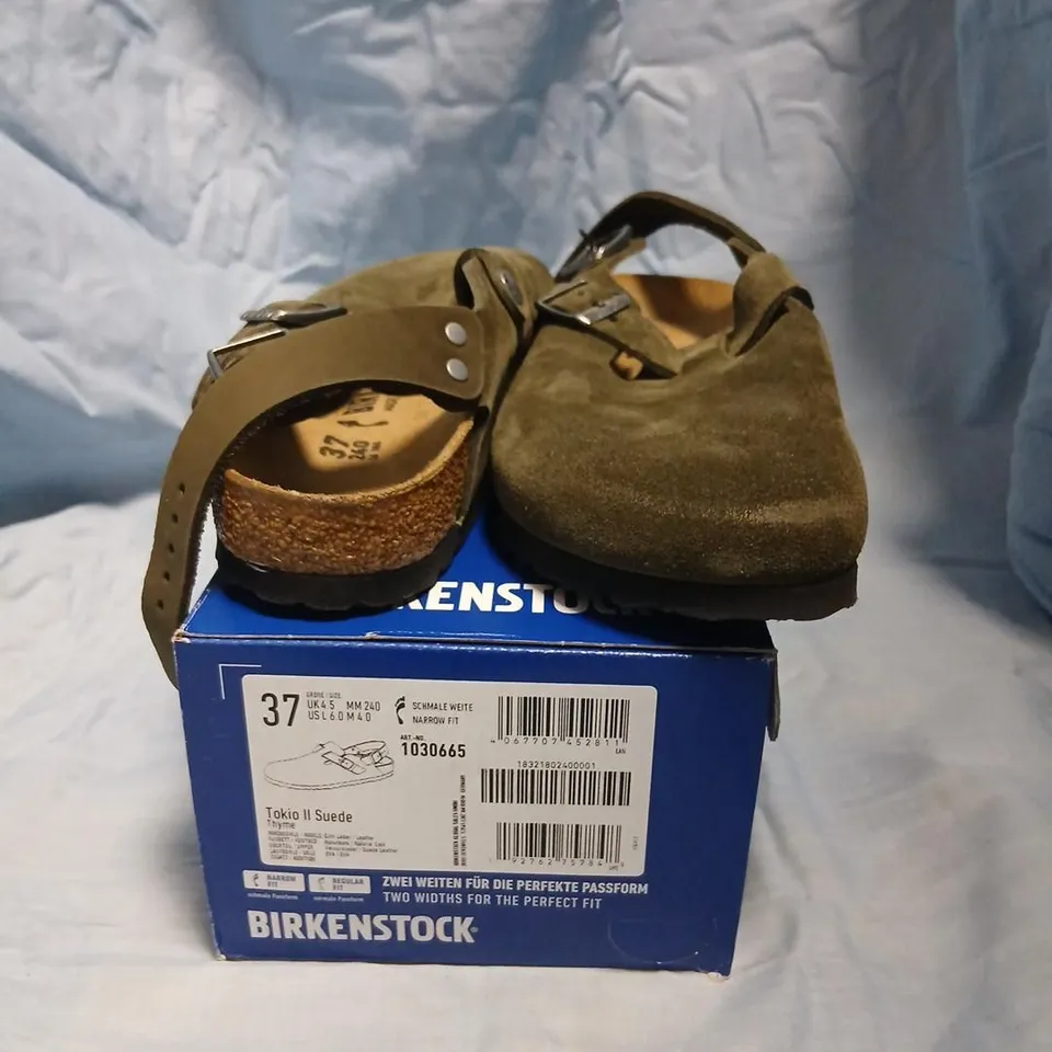 BIRKENSTOCK TOKIO II SUEDE SANDALS – THYME BROWN, UK 4.5 (EU 37)