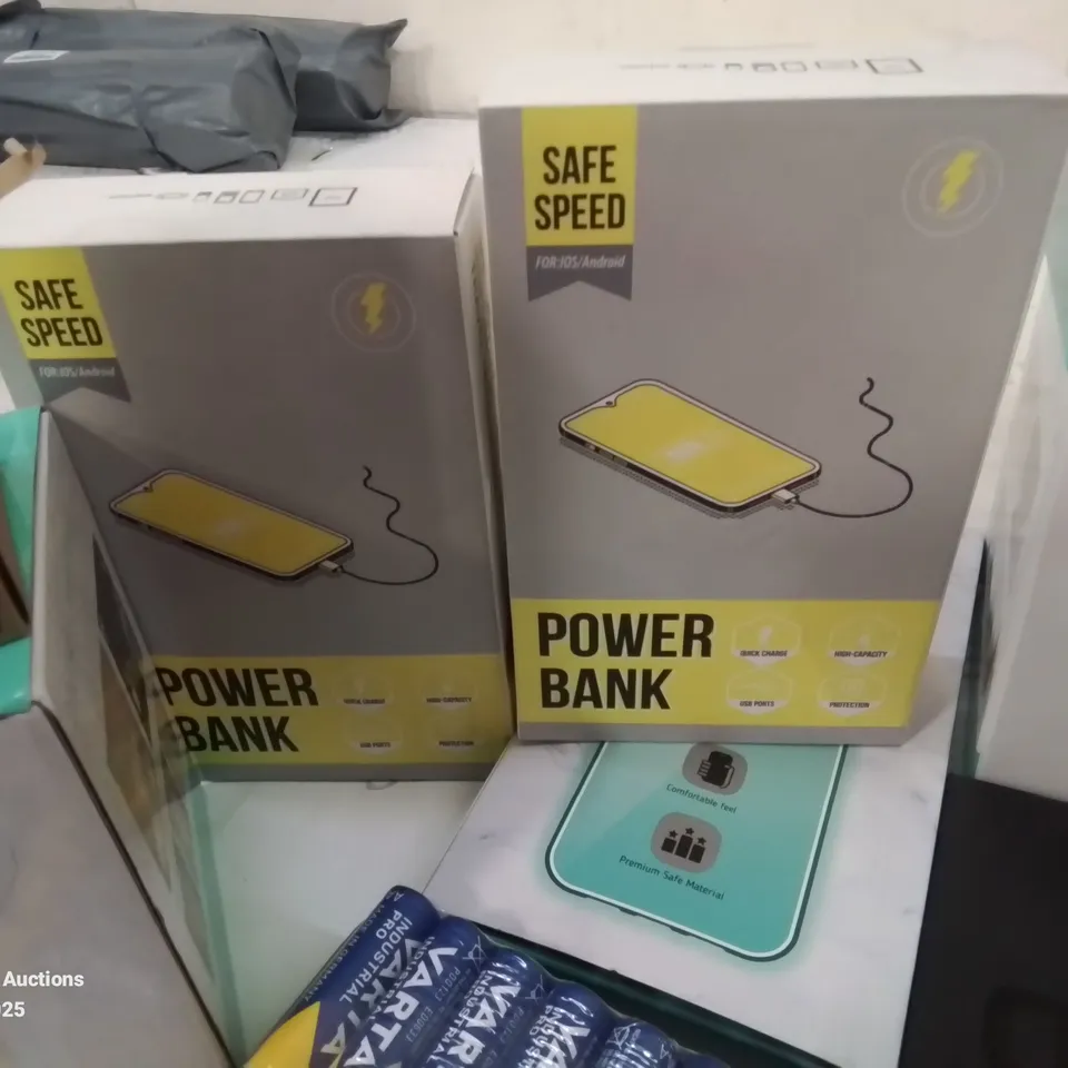 BOX CONTAINING LARGE AMOUNT OF BOXED ELECTRICAL ITEMS TO INCLUDE: AA BATTERIES, NIGHT LIGHTS, POWER BANKS, LED NIGHT LIGHTS, HEADPHONES, INSTAX CARRY CASE, EARPHONES AND LOTS MORE.