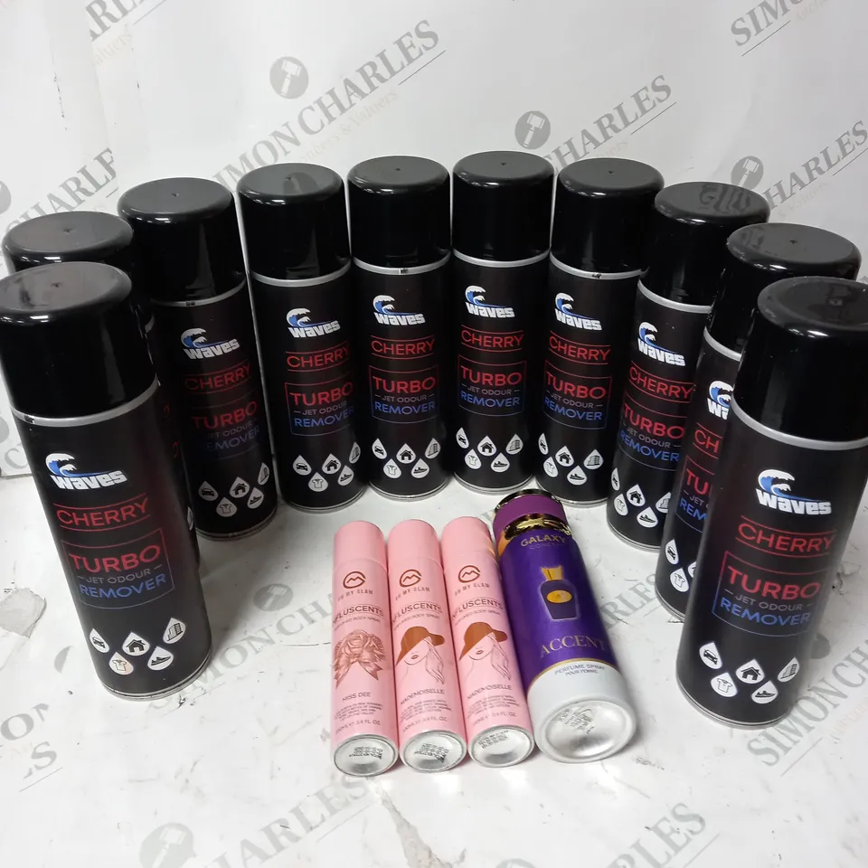 APPROXIMATELY 12 SPRAYS INCLUDING WAVES CHERRY TURBO JET ODOUR REMOVER AND OH MY GLAM PERFUMED BODY SPRAY