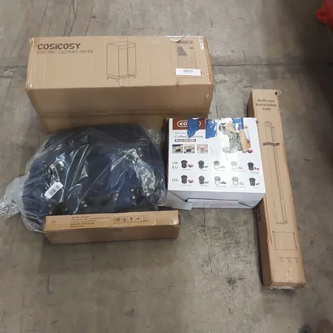 PALLET OF ASSORTED ITEMS INCLUDING: ELECTRIC CLOTHES DRYER, MULTI CAPSULE COFFEE MACHINE, RETRACTABLE GATE, FLOATING SHELF ECT