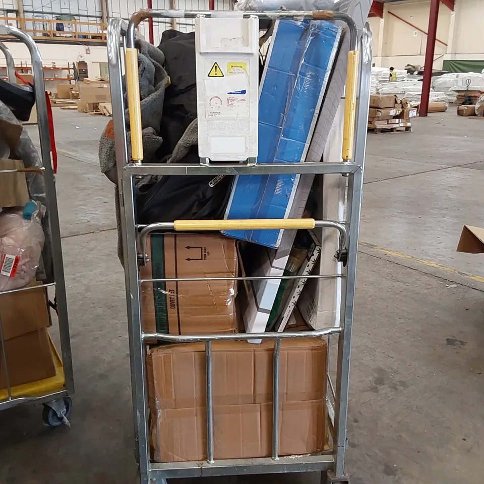CAGE TO ASSORTED CONSUMER GOODS TO INCLUDE; KAYAK PARTS, CANVAS PAINTING, HIGH VELOCITY FLOOR FAN ECT. (CAGE NOT INCLUDED)