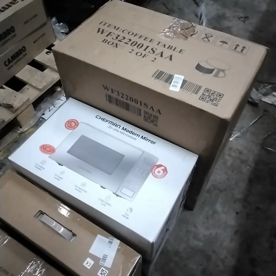 PALLET OF HOUSEHOLD ITEMS TO INCLUDE OFFICE CHAIR, SINGLE PHASE EV CHARGER,CHEFMAN MICROWAVE, COFFEE TABLE AND OTHER ASSORTED ITEMS...