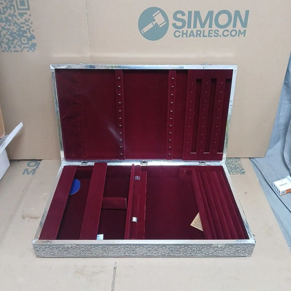 ORNATE SILVER-TONE LARGE JEWELLERY BOX WITH MIRROR LID AND BURGUNDY VELVET INTERIOR