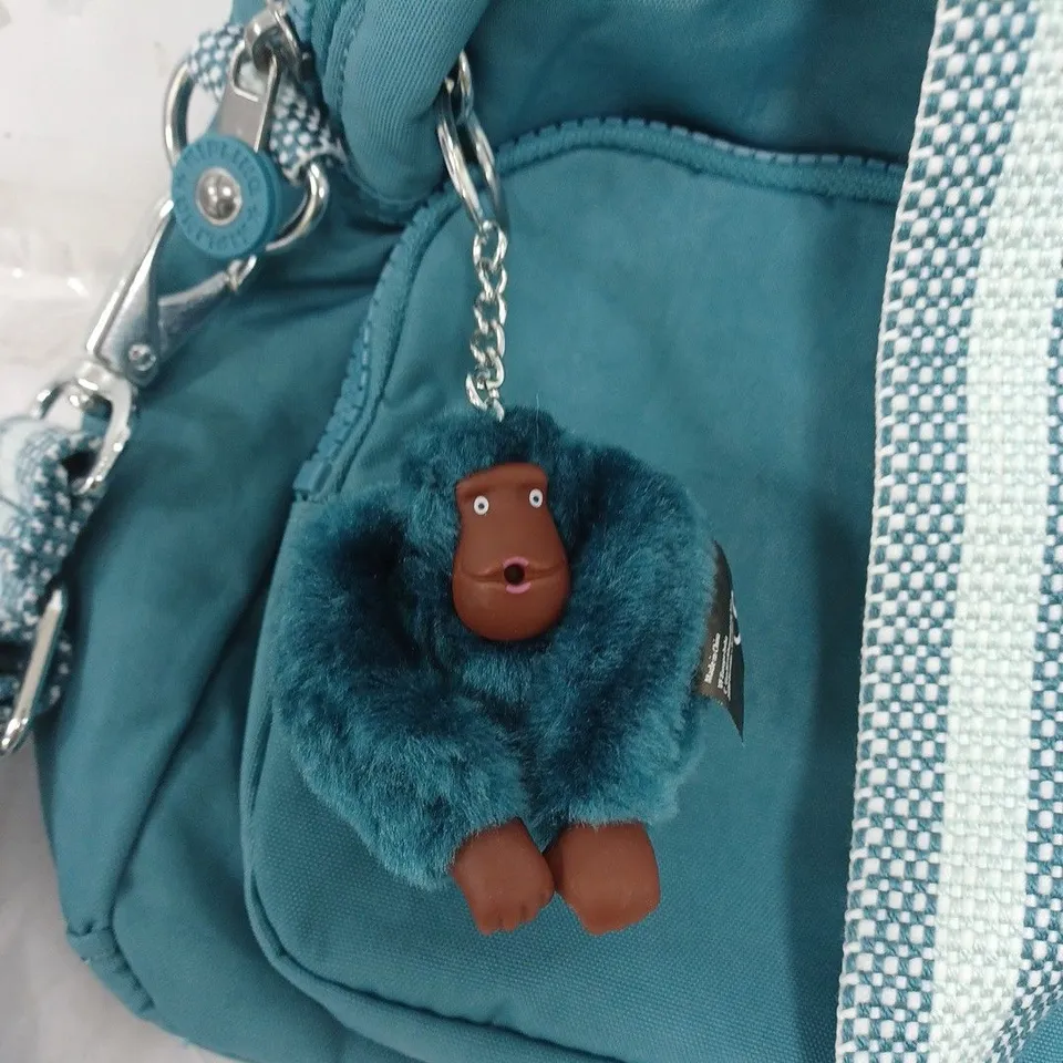 KIPLING LIVE LIGHT MEDIUM CANVAS BAG. MULTIPLE COMPARTMENTS. CUTE GORILLA KEYRING. BLUE AND WHITE