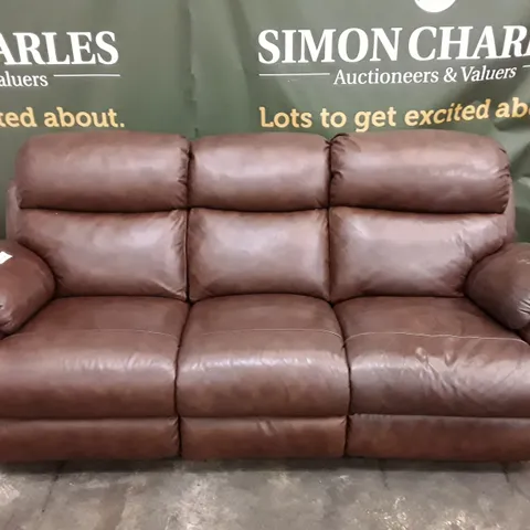 DESIGNER 3 SEATER MANUAL RECLINER SOFA - BROWN LEATHER