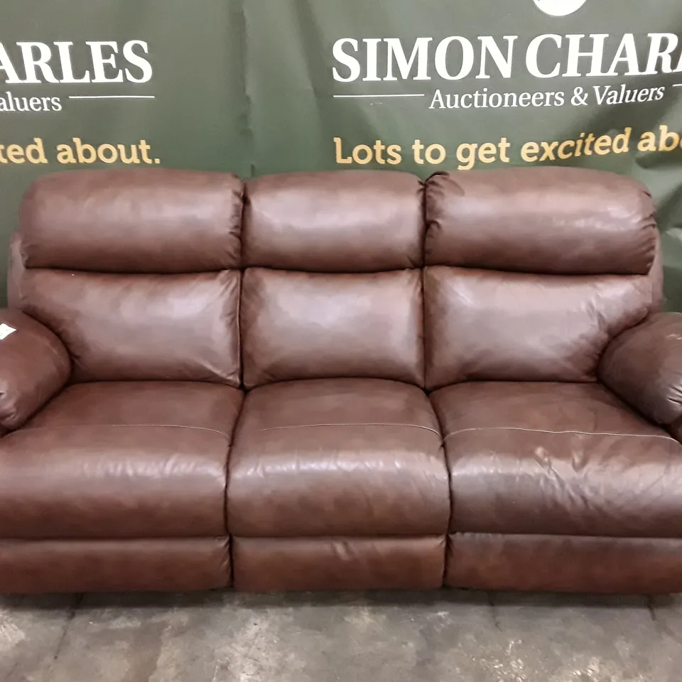DESIGNER 3 SEATER MANUAL RECLINER SOFA - BROWN LEATHER