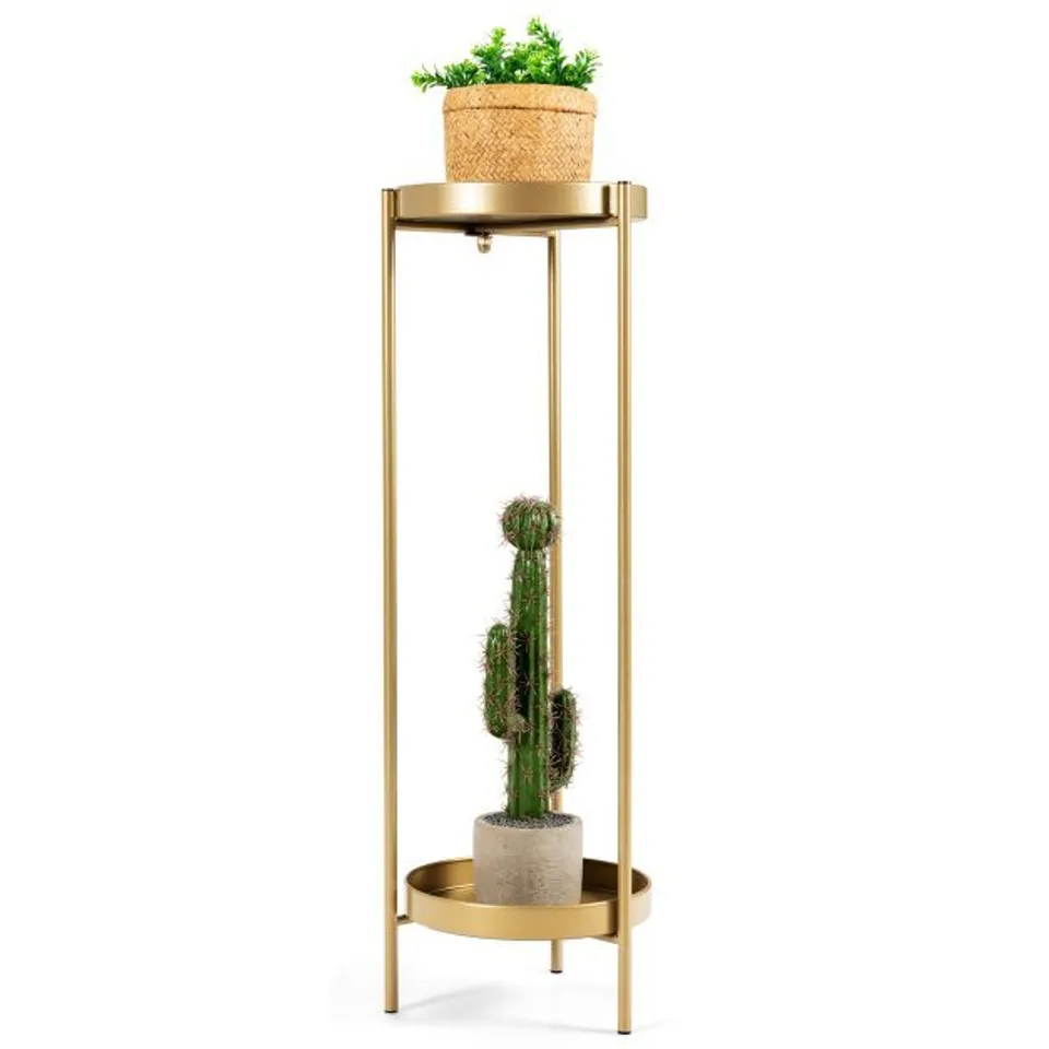 BOXED COSTWAY 2-TIER METAL PLANT STAND WITH REMOVABLE TRAYS FOR HOME PATIO - GOLD