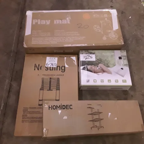 PALLET OF ASSORTED PRODUCTS INCLUDING PLAY MAT, ELECTRIC HEATED THROW, 2.6M TELESCOPIC LADDER, HOMIDEC DRYING RACK, WHITEBOARD, LAUNDRY RACK