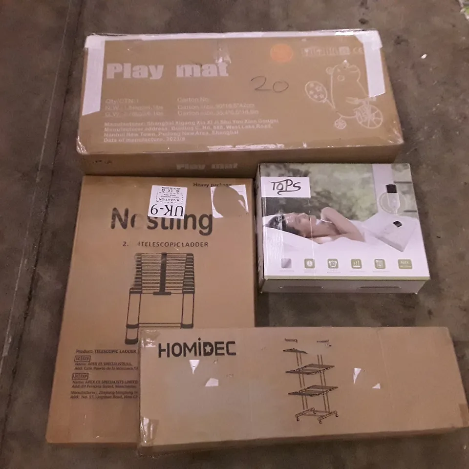 PALLET OF ASSORTED PRODUCTS INCLUDING PLAY MAT, ELECTRIC HEATED THROW, 2.6M TELESCOPIC LADDER, HOMIDEC DRYING RACK, WHITEBOARD, LAUNDRY RACK