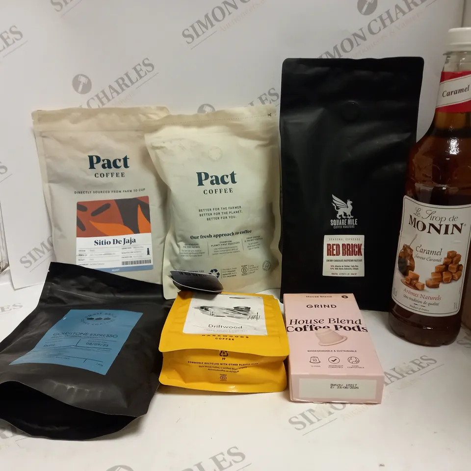 APPROXIMATELY 7 ASSORTED COFFEE PRODUCTS TO INCLUDE SQUARE MILE, PACT COFFEE, GRIND ETC 