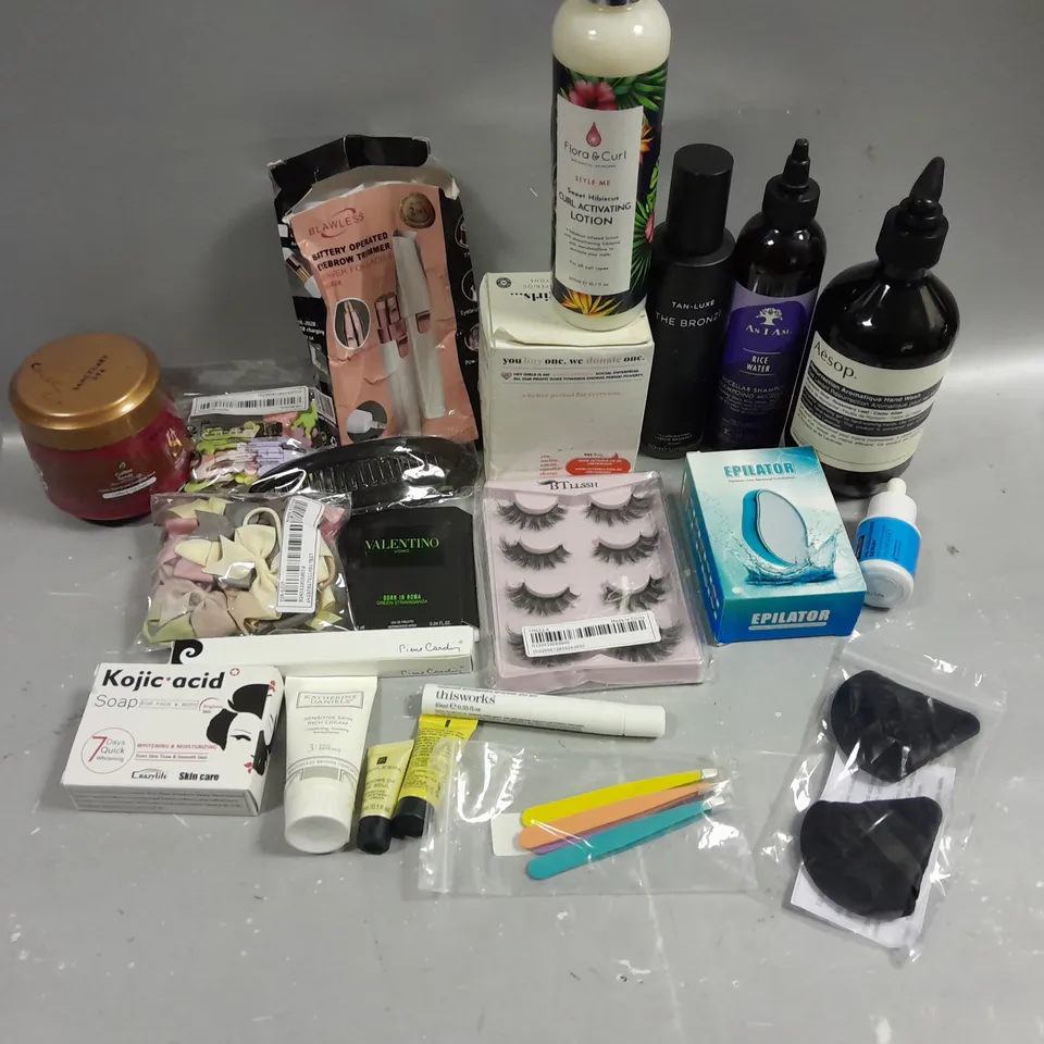 BOX OF APPROXIMATELY 15 COSMETIC ITEMS TO INCLUDE EPILATOR, TWEEZERS, AESOP HAND WASH, ETC