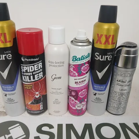 APPROXIMATELY 15 ASSORTED AEROSOLS TO INCLUDE SURE MEN , SPIDER KILLER AND BATISTE