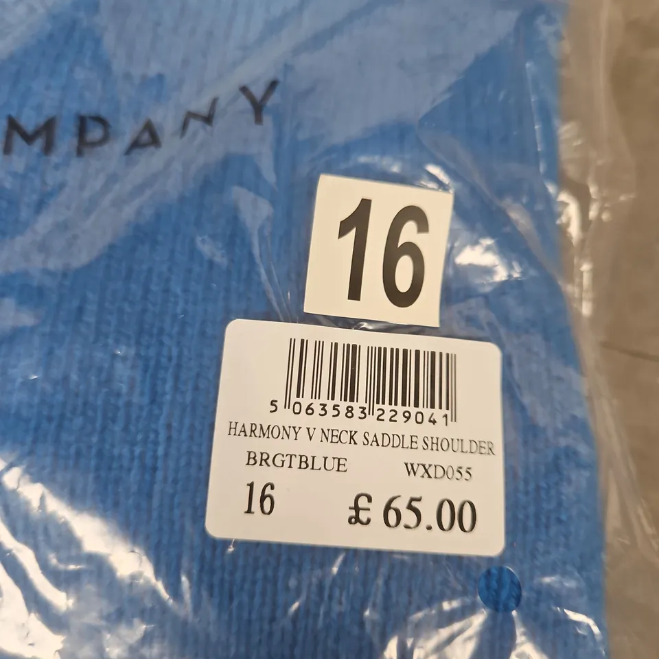 CREW CLOTHING HARMONY V-NECK SADDLE SHOULDER KNIT – UK 16 – BRIGHT BLUE
