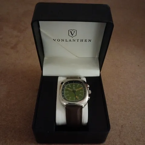 VONLANTHEN AVIATION WATCH FEATURING A GREEN DIAL AND A BROWN LEATHER STRAP 