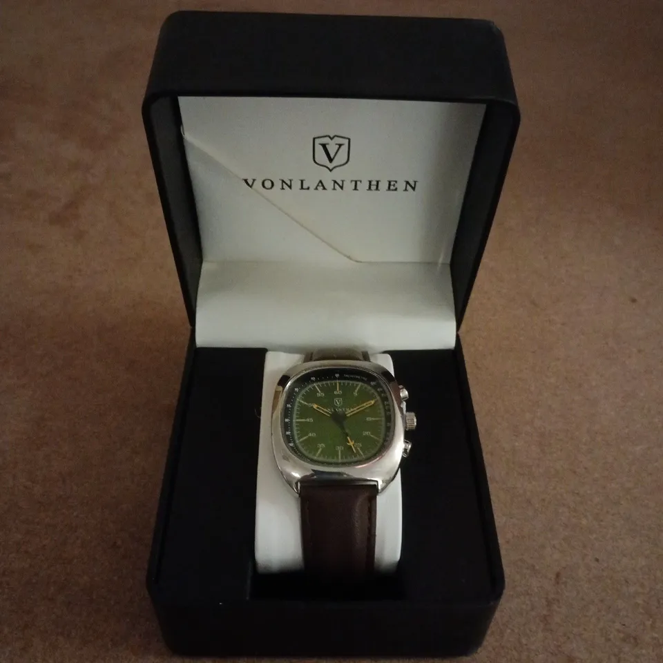 VONLANTHEN AVIATION WATCH FEATURING A GREEN DIAL AND A BROWN LEATHER STRAP 