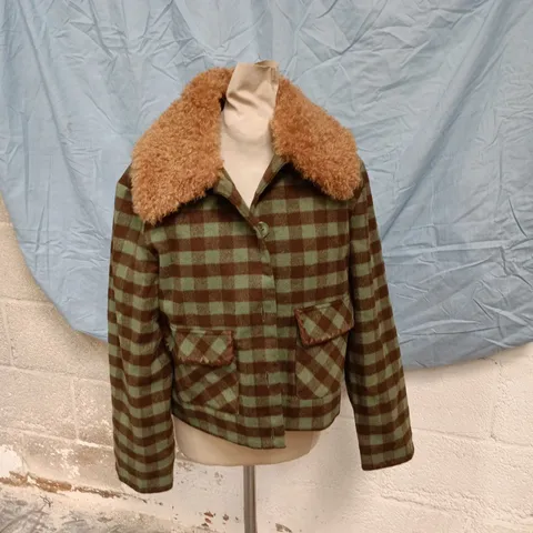OLIVER BONAS GREEN CHECKED COAT WITH FAUX FUR COLLAR – UK 8
