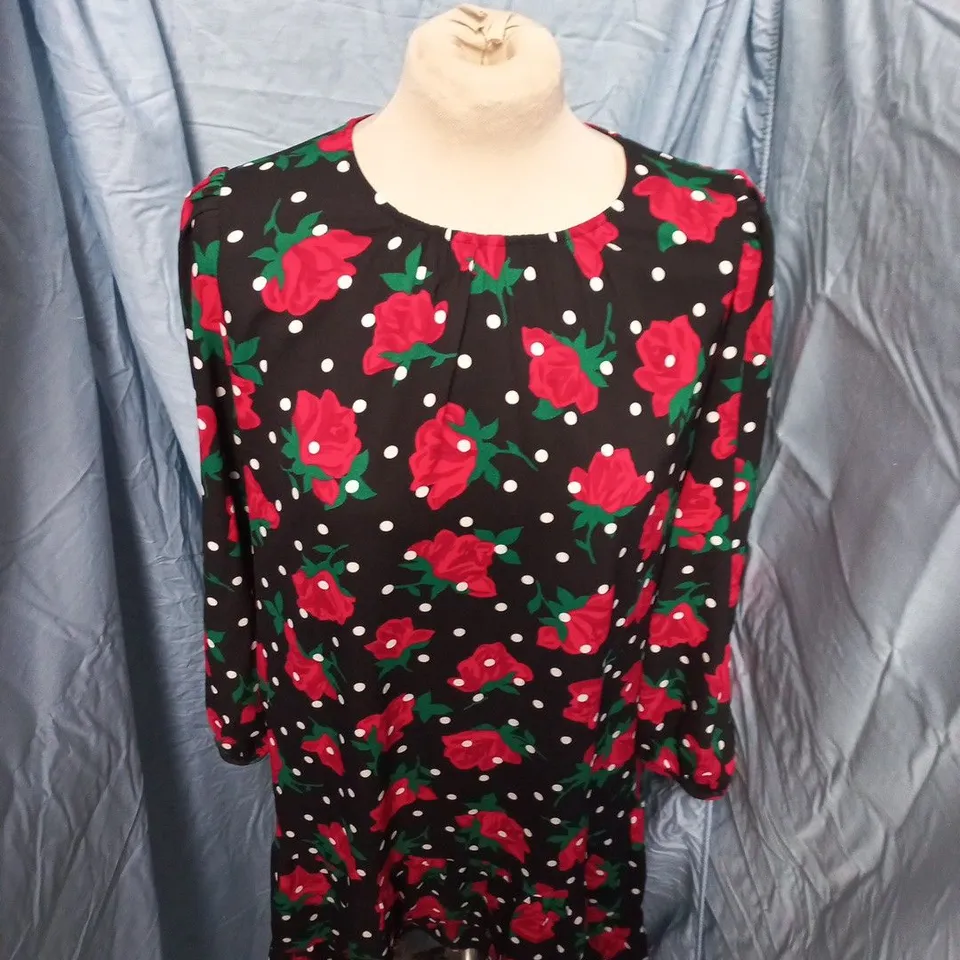 KATE SPADE NEW YORK BLACK FLORAL DRESS WITH RED ROSES & WHITE POLKA DOTS – SIZE M