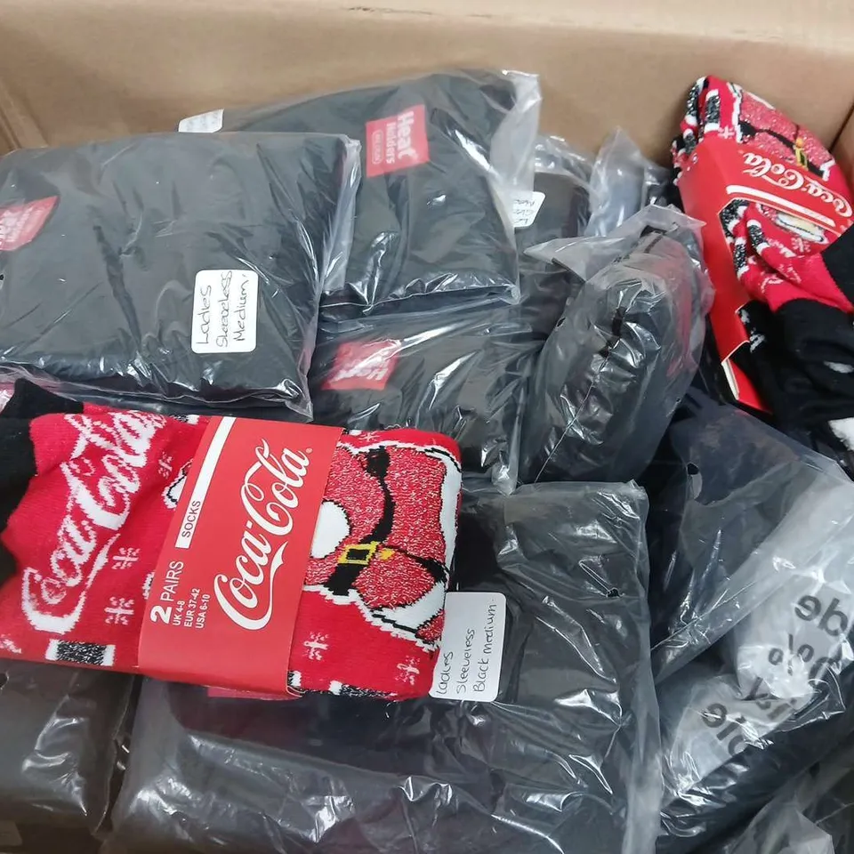 APPROXIMATELY 70 ASSORTED CLOTHING ITEMS TO INCLUDE COCA COLA SPARKLING SOCKS (4-8) & HEAT HOLDERS LADIES SLEEVLESS THERMAL IN BLACK - MEDIUM