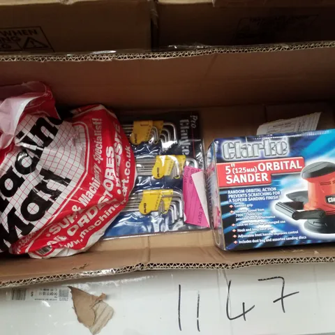 BOX CONTAINING 3 SCRAP ITEMS INCLUDING 5" ORBITAL SANDER, 3 PIECE EXTRA LONG HEX/TORX KEY SET & GRAVITY FED PRO SPRAY GUN 