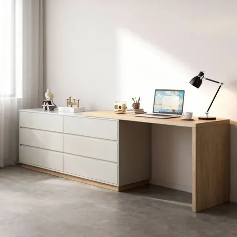 BOXED ADJUSTABLE DESK 160-250CM WITH 6 SOFT-CLOSE DRAWERS | 360° SWIVEL BASE | CONFIGURABLE AS STRAIGHT OR L-SHAPED WORKSTATION FOR OFFICE & BEDROOM WOOD GRAIN TEXTURE, MODERN MINIMALIST STYLE (2BOXES