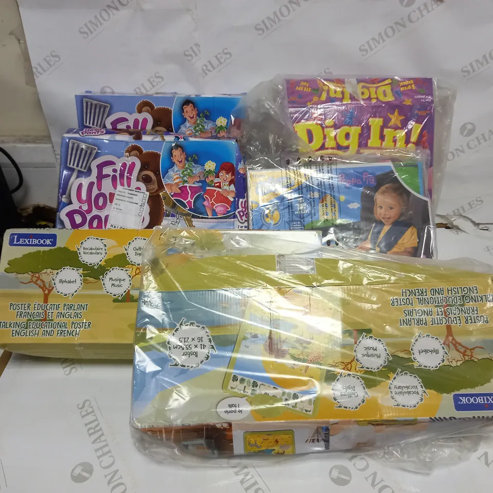 LOT OF 6 ASSORTED TOYS AND GAMES TO INCLUDE AQUADOODLE, EDUCATIONAL POSTERS, DIG IN ETC