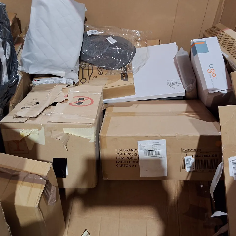 PALLET OF ASSORTED HOUSEHOLD ITEMS TO INCLUDE TV FLOOR STAND, MARLEY TURNTABLE AND AC CHARGING GUN