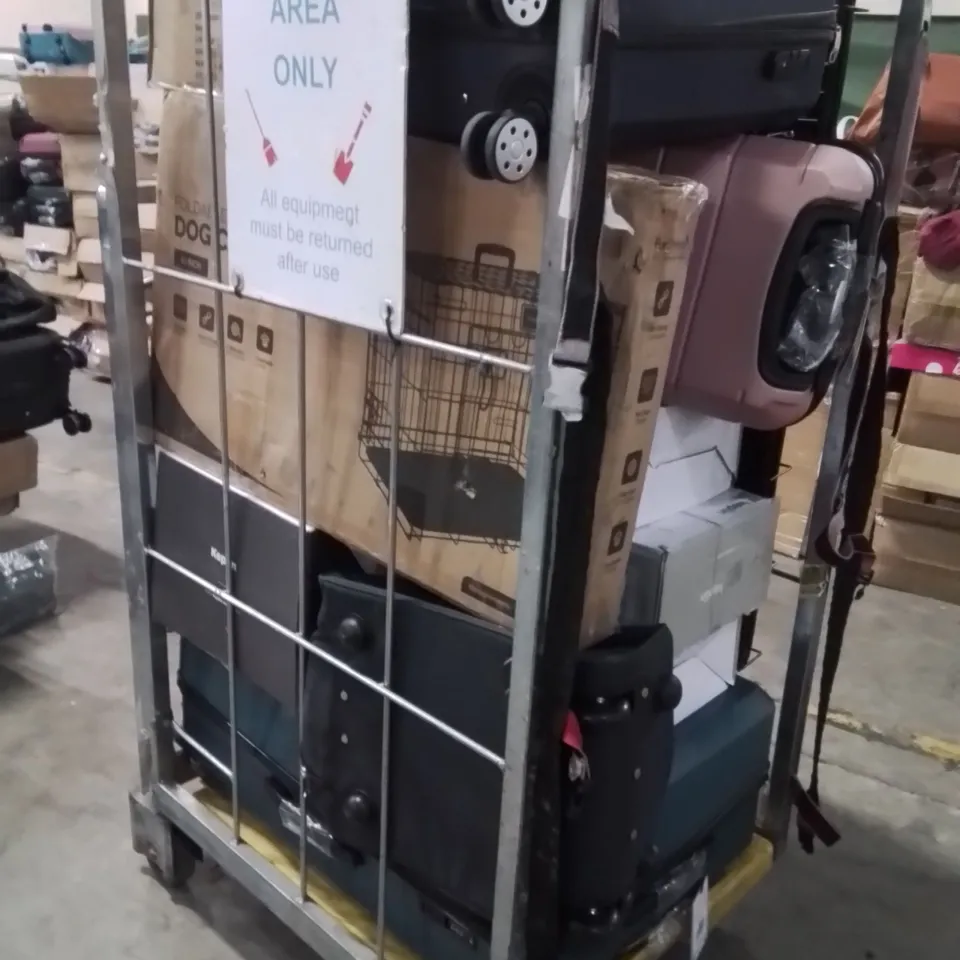 CAGE OF ASSORTED HOUSEHOLD GOODS AND PRODUCTS TO INCLUDE;SUITCASES,DOG CAGE,CORDLESS VACUUM CLEANER,YOGA MAT,JUICER
