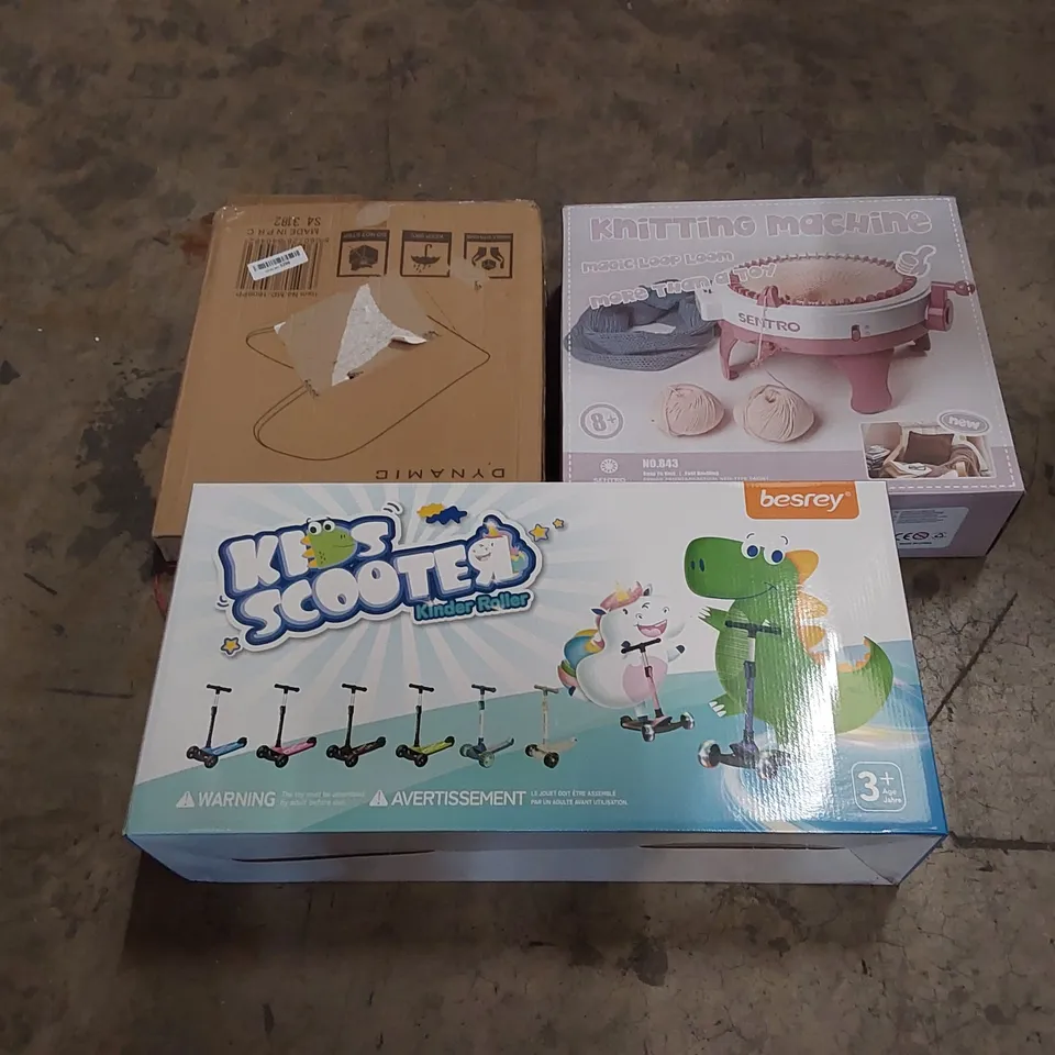 PALLET OF ASSORTED HOUSEHOLD GOODS AND PRODUCTS TO INCLUDE; A LARGE QUANTITY OF KIDS SCOOTERS, KNITTING MACHINE, TOILET SEATS ETC