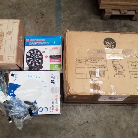 PALLET OF ASSORTED PRODUCTS INCLUDING OFFICE CHAIR, ELECTRIC DARTBOARD, TRUNKI KIDS SUITCASE, TOILET SEAT, QUAD CANE