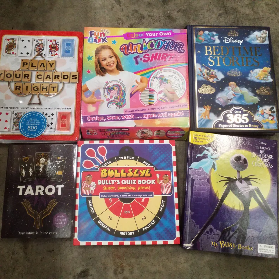 PALLET CONTAINING ASSORTED CHILDRENS BOOKS INCLUDING THE NIGHTMARE BEFORE CHRISTMAS BUSY BOOKS, BULLSEYE BULLY'S QUIZ BOOK , DISNEY BEDTIME STORIES & UNICORN TSHIRT SET