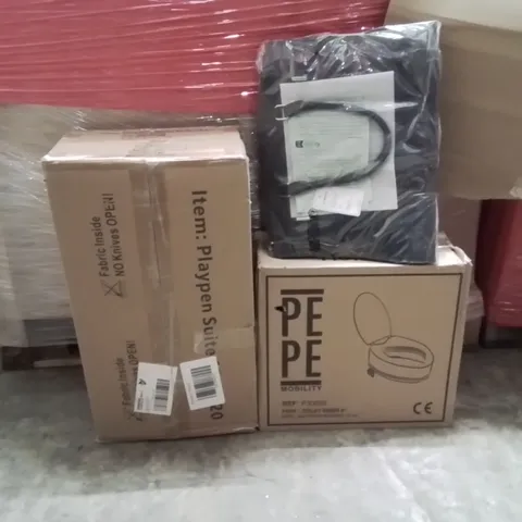PALLET OF ASSORTED HOUSEHOLD GOODS AND PRODUCTS TO INCLUDE;HAND BAG,TOILET SEAT,PLAYPEN