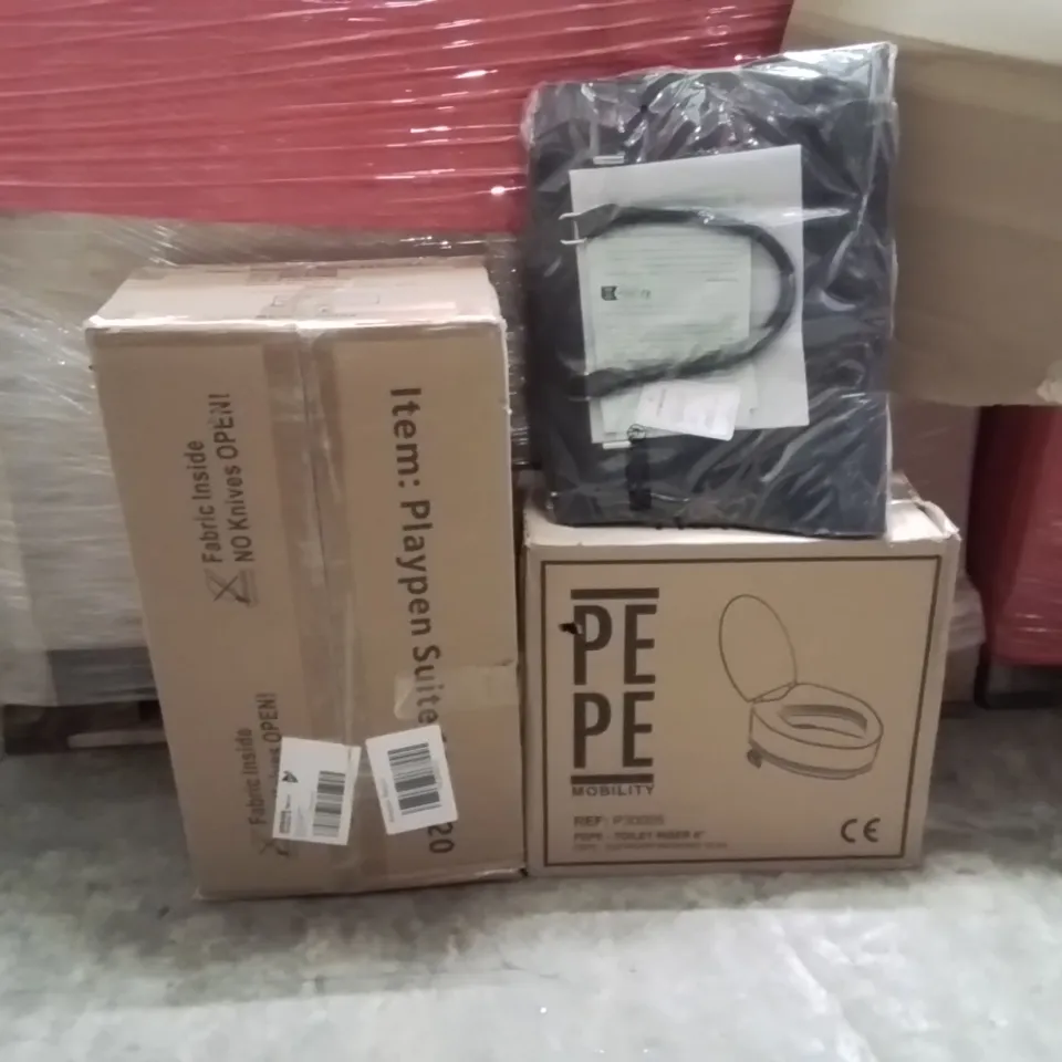 PALLET OF ASSORTED HOUSEHOLD GOODS AND PRODUCTS TO INCLUDE;HAND BAG,TOILET SEAT,PLAYPEN