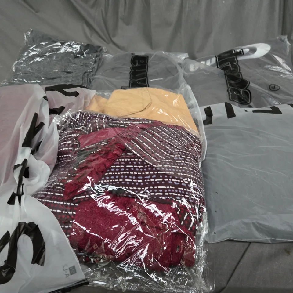 LARGE BOX OF ASSORTED CLOTHING ITEMS IN VARIOUS COLOURS, SIZES AND STYLES