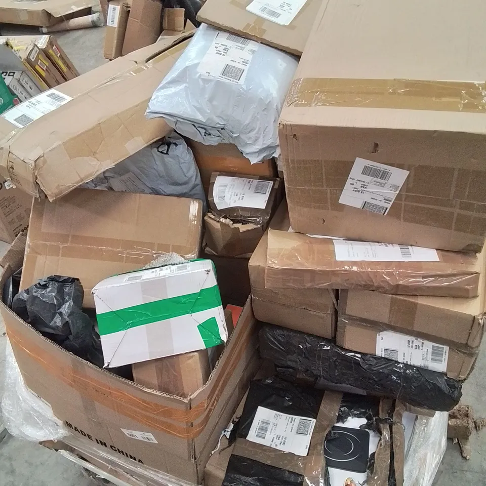 PALLET CONTAINING VARIOUS ASSORTED BOXED HOUSEHOLD RETURNS/ELECTRICAL/GARDEN ITEMS TO INCLUDE: PICTURE FRAMES,  WATTER FLASK, POWER CABLE LEAD, HOT PLATE ETC. 