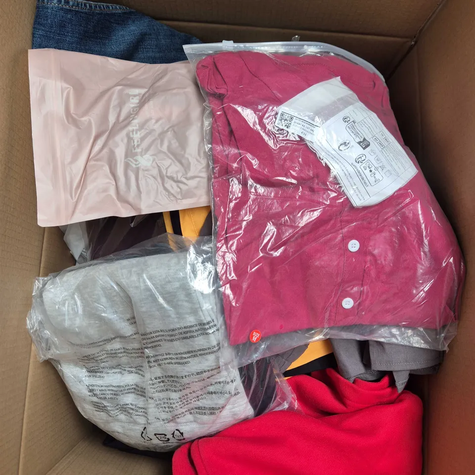 LARGE BOX OF APPROXIMATELY 25 ASSORTED CLOTHING ITEMS IN VARIOUS COLOURS, STYLES AND SIZES - COLLECTION ONLY