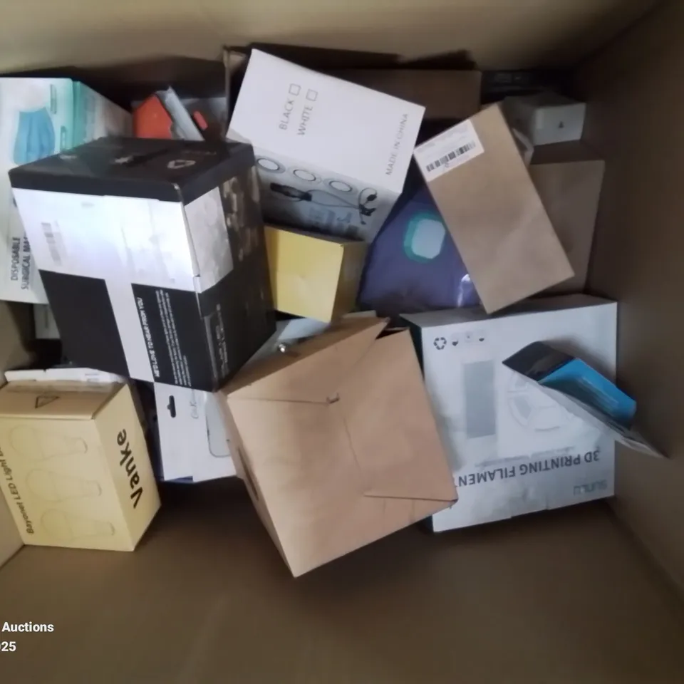 BOX CONTAINING LARGE QUANTITIES OF VARIOUS ITEMS TO INCLUDE: ACTION CAMERA, KIDS HEADPHONES, INK CARTRIDGES, LED LIGHT BULBS, PROFESSIONAL LIVE STREAM HALO AND LOTS MORE BOXED ITEMS